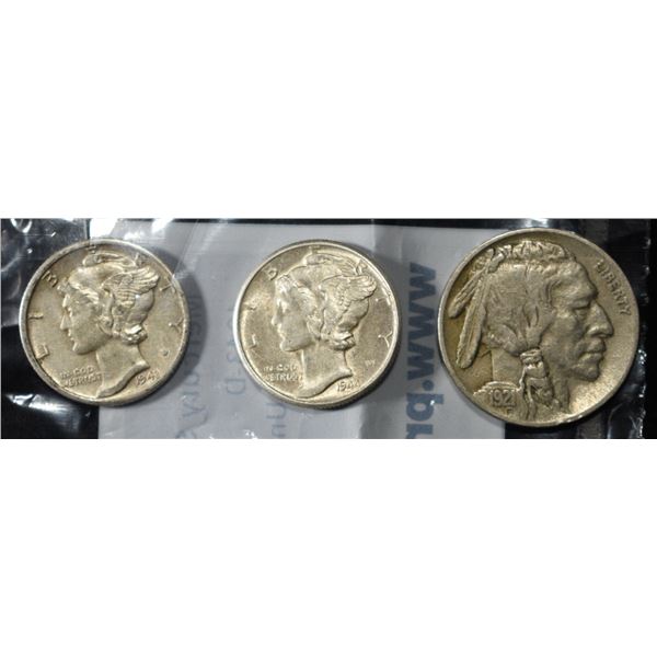 1943-D, 1944-D MERCURY 10C & 1921 BUFFALO 5C