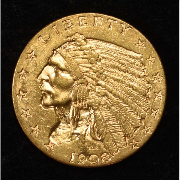 1908 $2.5 INDIAN GOLD VERY CH BU NEAR GEM