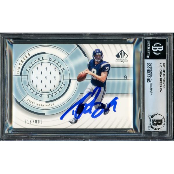 2001 UPPER DECK SP AUTHENTIC DREW BREES SIGNED ROOKIE PATCH 716/800 - BECKETT COA