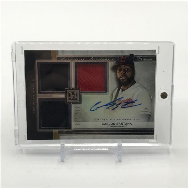 TOPPS CERTIFIED AUTOGRAPH ISSUE CARLOS SANTANA SIGNDED TRIPLE GAME WORN PATCH TRADING CARD 176/299