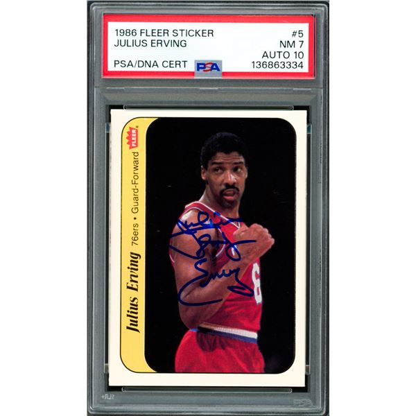 1986 FLEER STICKER JULIUS ERVING SIGNED TRADING CARD - PSA AUTOGRAPH GRADE 10