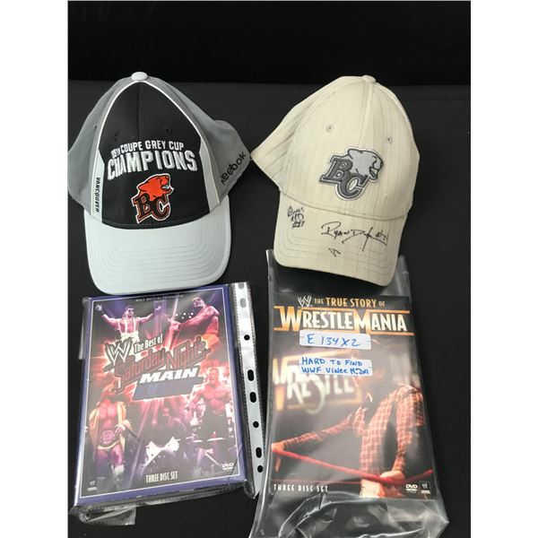 LOT OF 2 DVD SETS AND 2 HATS - BC LIONS HAT SIGNED