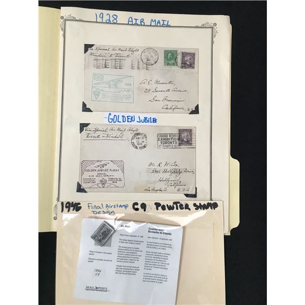 COLLECTION OF 3 STAMPS - 1928 AIR MAIL, GOLDEN JUBILEE & 1946 C9 PEWTER STAMP FINAL AIRSTAMP DESIGN
