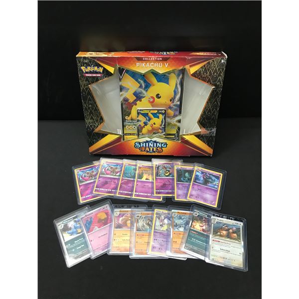 LOT OF 15 POKEMON TCG TRADING CARDS IN INDIVIDUAL SLEEVES & SHINING FATES BOX - BULK