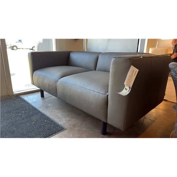 BONNE CLUB LOVESEAT. GREY LEATHER, FORMAL APPEARANCE. MODEL EVOKE GR200 67"W X 34" DEEP.