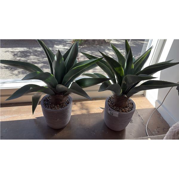 PAIR OF POTTED FAUX AGAVE PLANTS. POT DIAMETER 11", OVERALL HEIGHT APPROX 30"