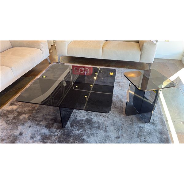 EQ3 VERRE SQUARE COFFEE TABLE IN GREY TEMPERED GLASS. 38" X 38" X 13",
