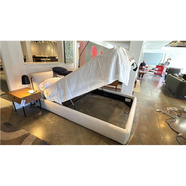 EQ3 CELLO QUEEN STORAGE BED WITH GAS LIFT. MATTRESS NOT INCLUDED. RETAIL $3600.