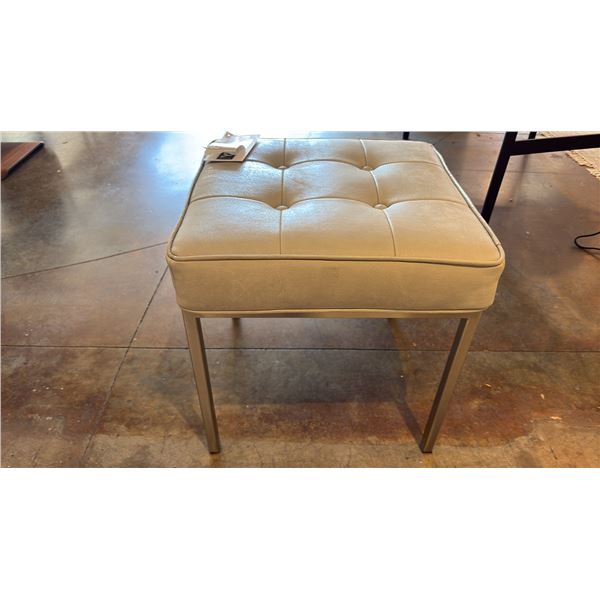 EQ3 MADE IN CANADA BANK STOOL. BUTTON TUFTED DETAIL. GREY LEATHER WITH BRUSHED STAINLESS.
