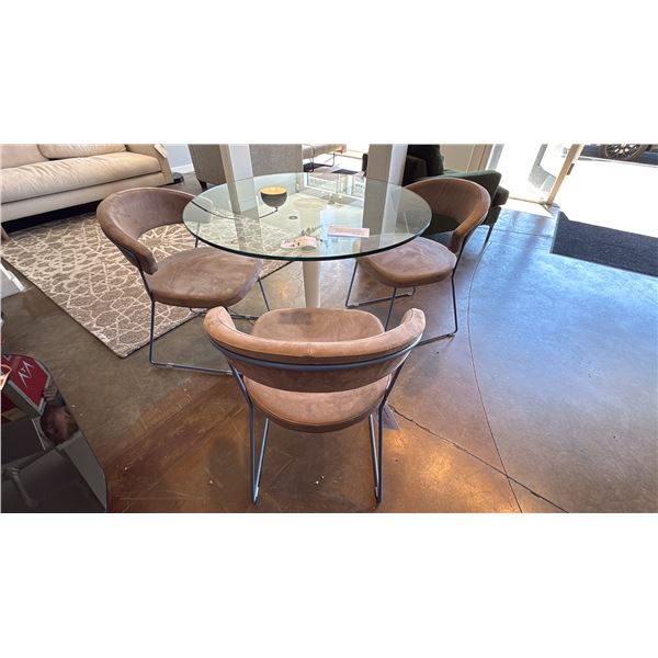 CALLIGARIS PLANT 36" ROUND TEMPERED GLASS DINING TABLE WITH 3 NEW YORK CHAIRS. RETAIL $4300