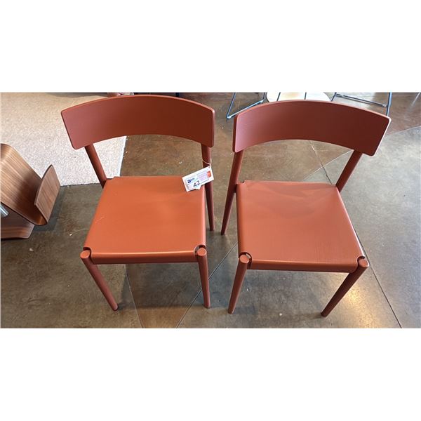 PAIR OF CALLIGARIS FORMED WOOD CHAIRS IN BURNT SIENNA. SCANDIA MADE IN ITALY. RETAIL $2070