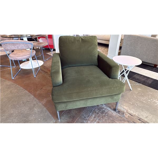EQ3 MADE IN CANADA EVE CHAIR. FEATURES NO SAG SPRING SUSPENSION. 32"W X 36"D RETAIL $1300. OLIVE