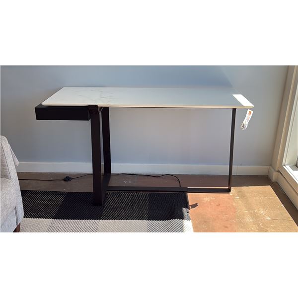 NATUZZI ITALIA MARBLE TOP OMEGA DESK. BLACK SATIN METAL BASE, SIDE DRAWER. 55" X 21" RETAIL $5000