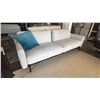 Image 5 : HTL BAXTER SOFA 85" WIDE. PLUSH GREY FABRIC WITH MATTE BLACK METAL LEGS. RETAIL $2500. INC BLUE