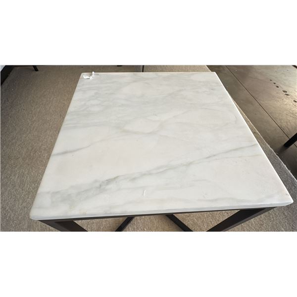 NATUZZI ITALIA TITANO END TABLE. WHITE MARBLE TOP WITH BLACK METAL LEGS. 16X16" RETAIL $1250