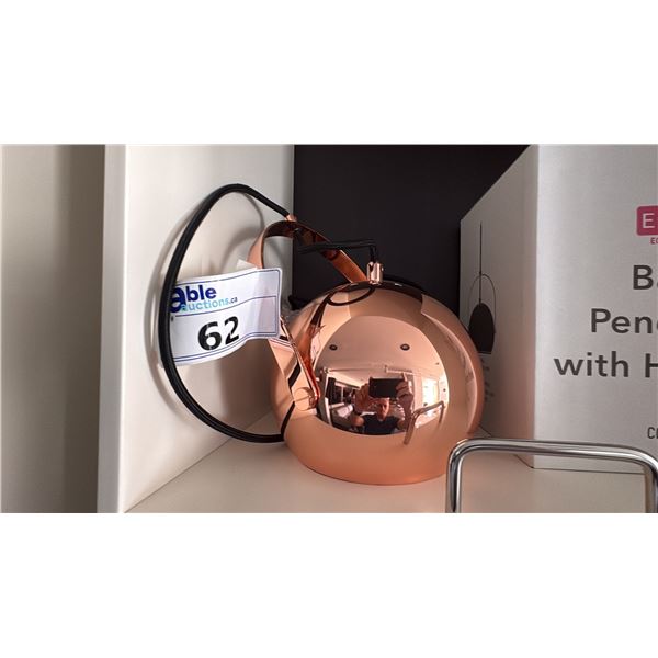 EQ3 POLISHED COPPER PENDANT LIGHT. 7"DX9 1/2"H. BRAIDED CORD.