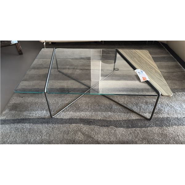 NATUZZI ITALIA GALAXY TAVOLO COFFEE AND SIDE TABLE. GLASS AND STAINED WALNUT TOP WITH METAL