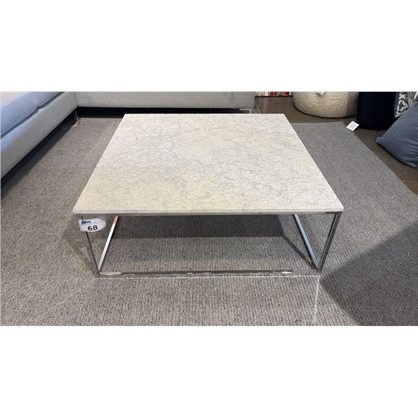 NATUZZI ITALIA TEXTURED MARBLE TOP COFFEE TABLE. 3' X 3' WITH METAL BASE.