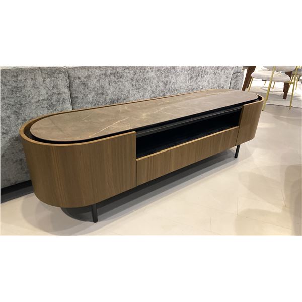 CALLIGARIS ASH WOOD, HAND CUT WALNUT FINISH WITH CERAMIC TOP TV UNIT/ STORAGE CABINET.