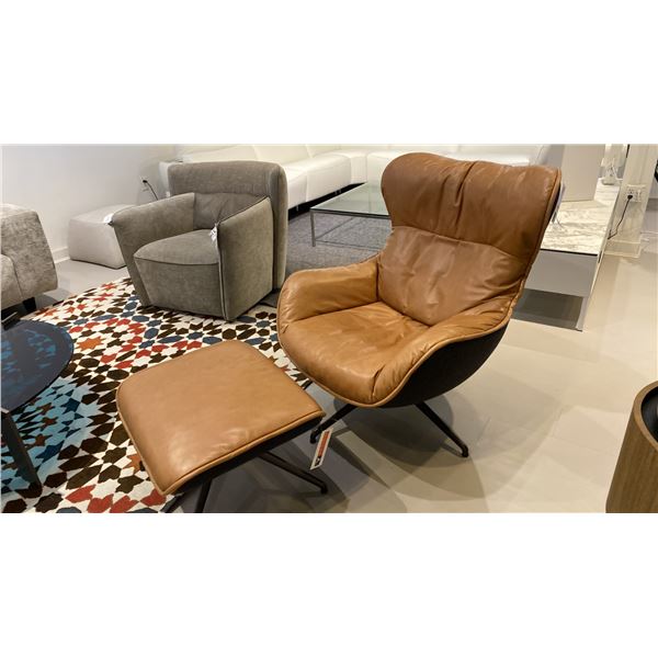 EQ3 MADE IN CANADA ARIE LEATHER SWIVEL CHAIR AND OTTOMAN. COACHELLA LANA LEATHER WITH BLACK BASE