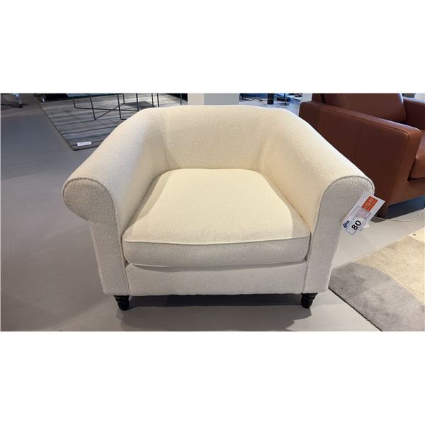 EQ3 MADE IN CANADA SLOPE CHAIR. SPINDLE LEGS. BOUCLE CREAM RETAIL $1900