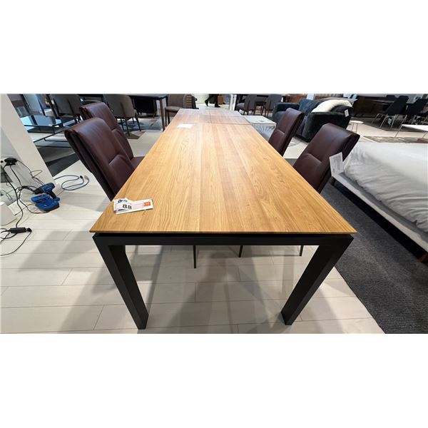 MADE IN EUROPE BEAUTIFUL WOOD TABLE WITH 2 BUILT IN EXTENSIONS. SOLID OAK TOP. 6'-8'4" WITH