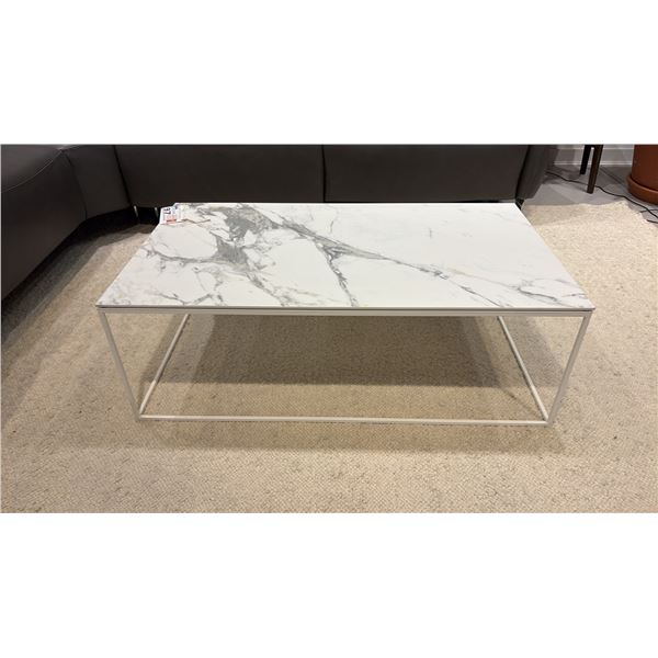 CALLIGARIS MADE IN ITALY CERAMIC TOP COFFEE TABLE. 42" X 24" WITH WHITE METAL BASE. RETAIL $2550