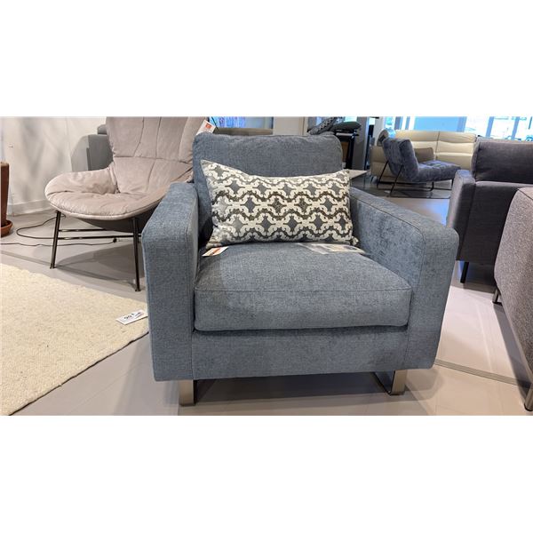 EQ3 MADE IN CANADA OSKAR PLUSH CHAIR WITH DECOR CUSHION. BRUSHED NICKEL LEGS. PESCARA FRENCH BLUE