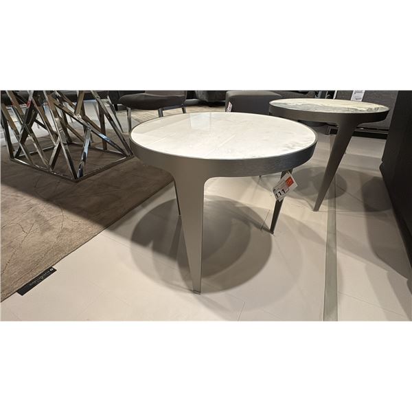 NATUZZI ITALIA HERMAN END TABLE. PEWTER METAL BASE, MARBLE TOP. 22"D RETAIL $2100