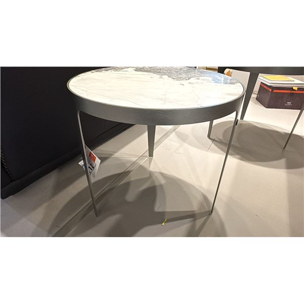 NATUZZI ITALIA HERMAN END TABLE. PEWTER METAL BASE, GREY MARBLE TOP. 22"D RETAIL $2100