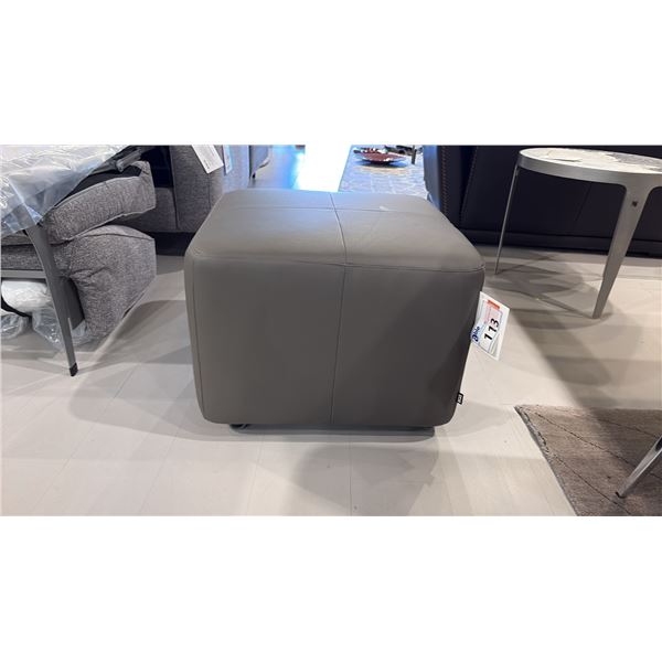 EQ3 MADE IN CANADA WANDER SQUARE OTTOMAN. WHEELED GREY LEATHER OTTOMAN. 23" SQUARE. RETAIL $650