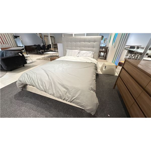 EQ3 MADE IN CANADA NARA QUEEN BED FRAME (MATTRESS NOT INCLUDED). ARCTIC PEBBLE FABRIC WITH
