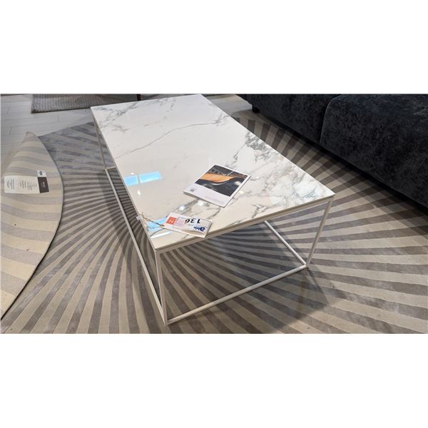 CALLIGARIS MADE IN ITALY CERAMIC TOP COFFEE TABLE. 42" X 24" WITH WHITE METAL BASE. RETAIL $2550