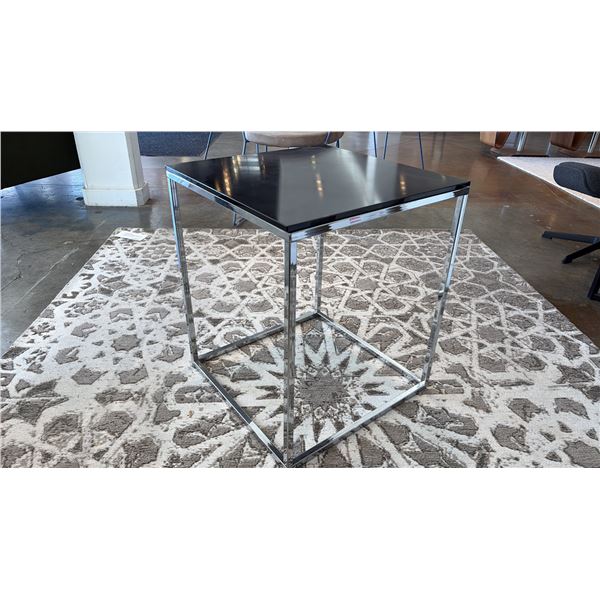 NATUZZI ITALIA CABARET SQUARE CORNER DESIGNER TABLE. 18" X 18" X 21"H WITH POLISHED CHROME BASE AND