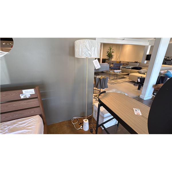 EQ3 TAB FLOOR LAMP WHITE MARBLE BASE. BRUSHED BRASS STEM. 61"H