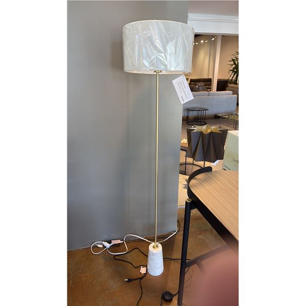 EQ3 TAB FLOOR LAMP WHITE MARBLE BASE. BRUSHED BRASS STEM. 61"H