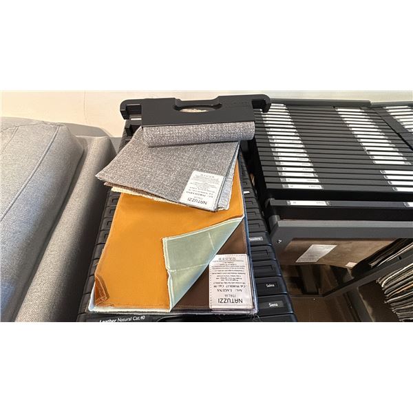 VERY LARGE GROUP OF MANUFACTURERS DISPLAY SAMPLES. PILES OF LEATHER AND FABRIC. GREAT FOR CRAFTING,
