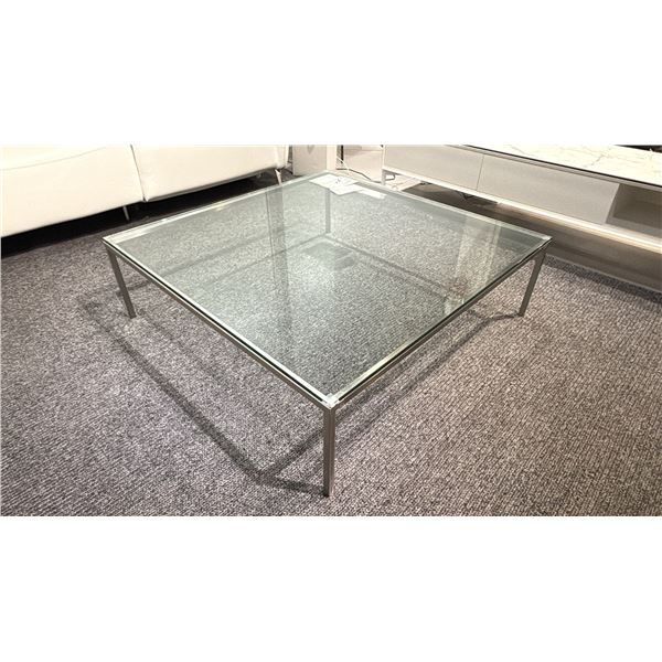 EQ3 CUSTOM SQUARE COFFEE TABLE. BRUSHED STAINLESS BASE WITH TEMPERED GLASS TOP.