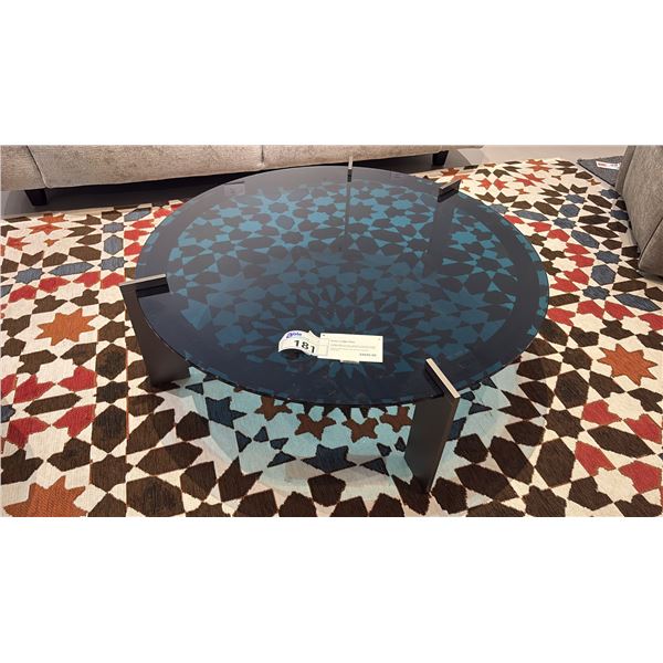 DITRE ITALIA MADE IN ITALY AULOS LARGE COFFEE TABLE. PEWTER METAL FRAME WITH BLUE TEMPERED GLASS.