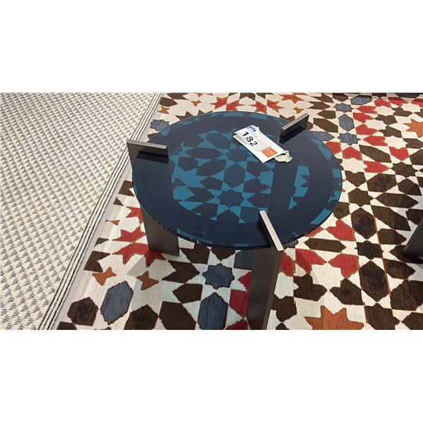 DITRE ITALIA MADE IN ITALY AULOS  SIDE TABLE. PEWTER METAL FRAME WITH BLUE TEMPERED GLASS.
