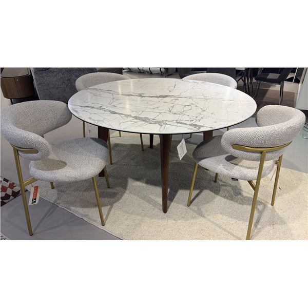 CALLIGARIS MADE IN ITALY ABREY DINING TABLE. 55"D CERAMIC MARBLE AND GLASS TOP WITH WALNUT LEGS.