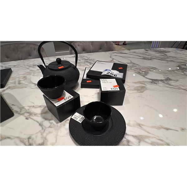 6 PC SET OF EQ3 CAST IRON TEA SET. 2 CUPS, 3 TRIVETS, TEAPOT