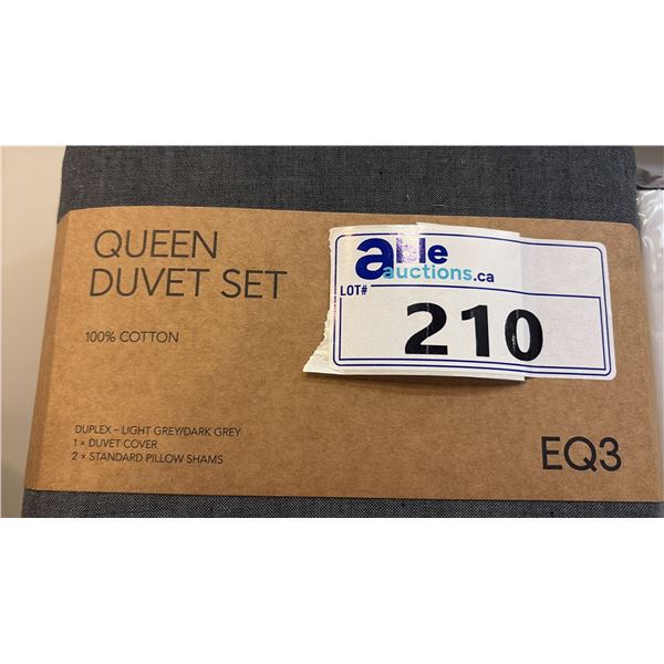 EQ3 QUEEN DUVET SET. 100% COTTON. CONTAINS DUVET COVER AND 2 STANDARD SHAMS