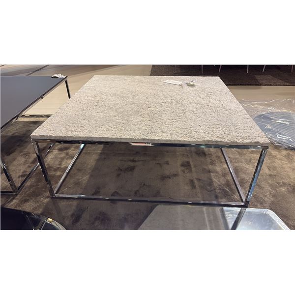 NATUZZI ITALIA TEXTURED MARBLE TOP SQUARE COFFEE TABLE WITH POLISHED CHROME BASE. 36" X 36"