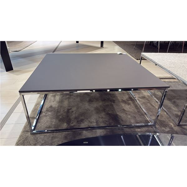 NATUZZI ITALIA TEXTURED BLACK GLASS TOP SQUARE COFFEE TABLE WITH POLISHED CHROME BASE. 36" X 36"