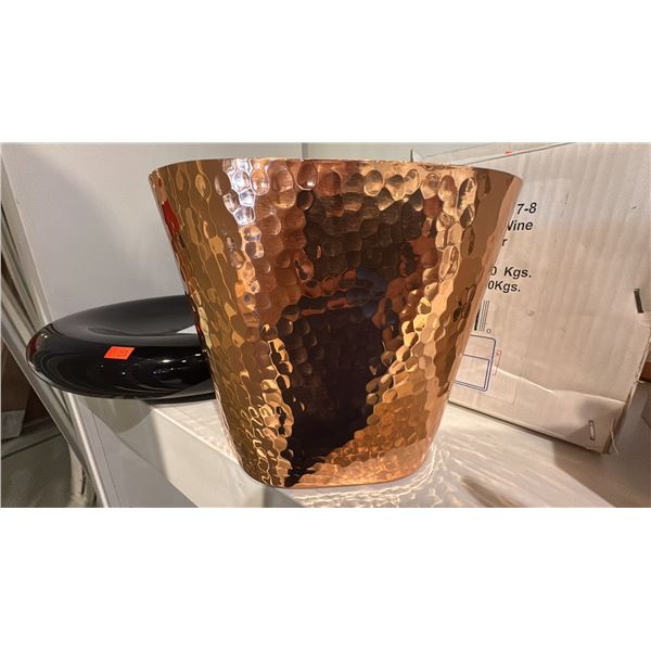 TWO POLISHED COPPER WINE COOLERS AND 16" SERVING TRAY.