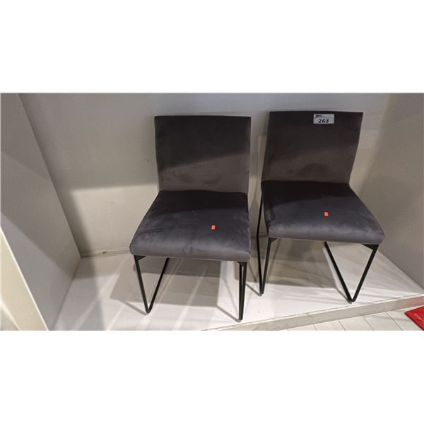 PAIR OF CALLIGARIS SIDE CHAIRS. SLENDER BLACK METAL FRAMES. GREY FABRIC.