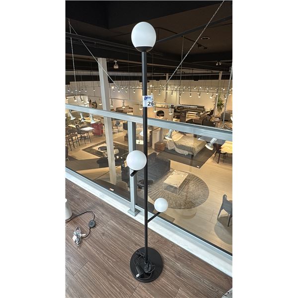 EQ3 FLOOR LAMP. 60" HIGH. THREE WHITE GLOBES. FOOT SWITCH