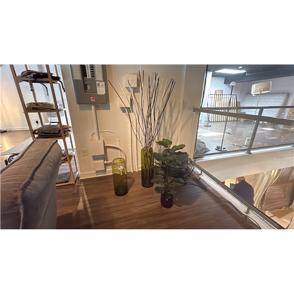 GROUP OF THREE DECOR ITEMS. 2 GLASS VASES. ARTIFICIAL PLANT. OVER $500 RETAIL