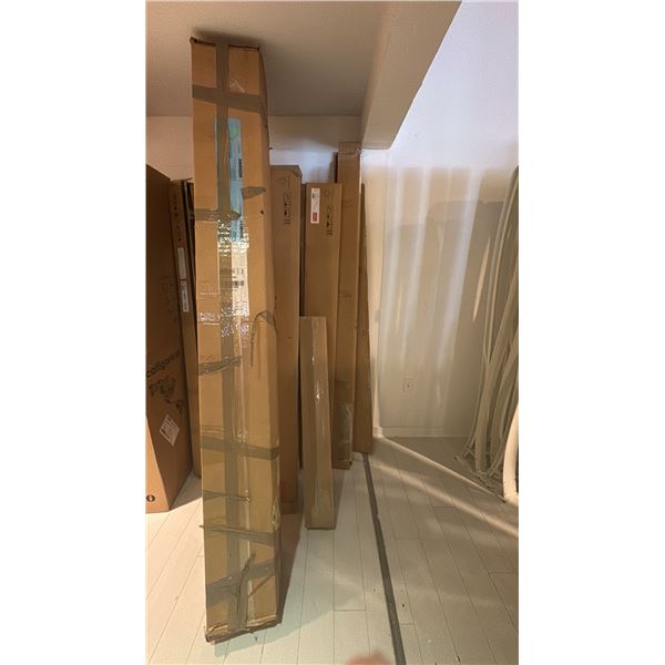 LARGE INVENTORY OF FURNITURE PARTS AND COMPONENTS. BUTCHER BLOCK COUNTER TOP, COMPLETE BED FRAME. ET